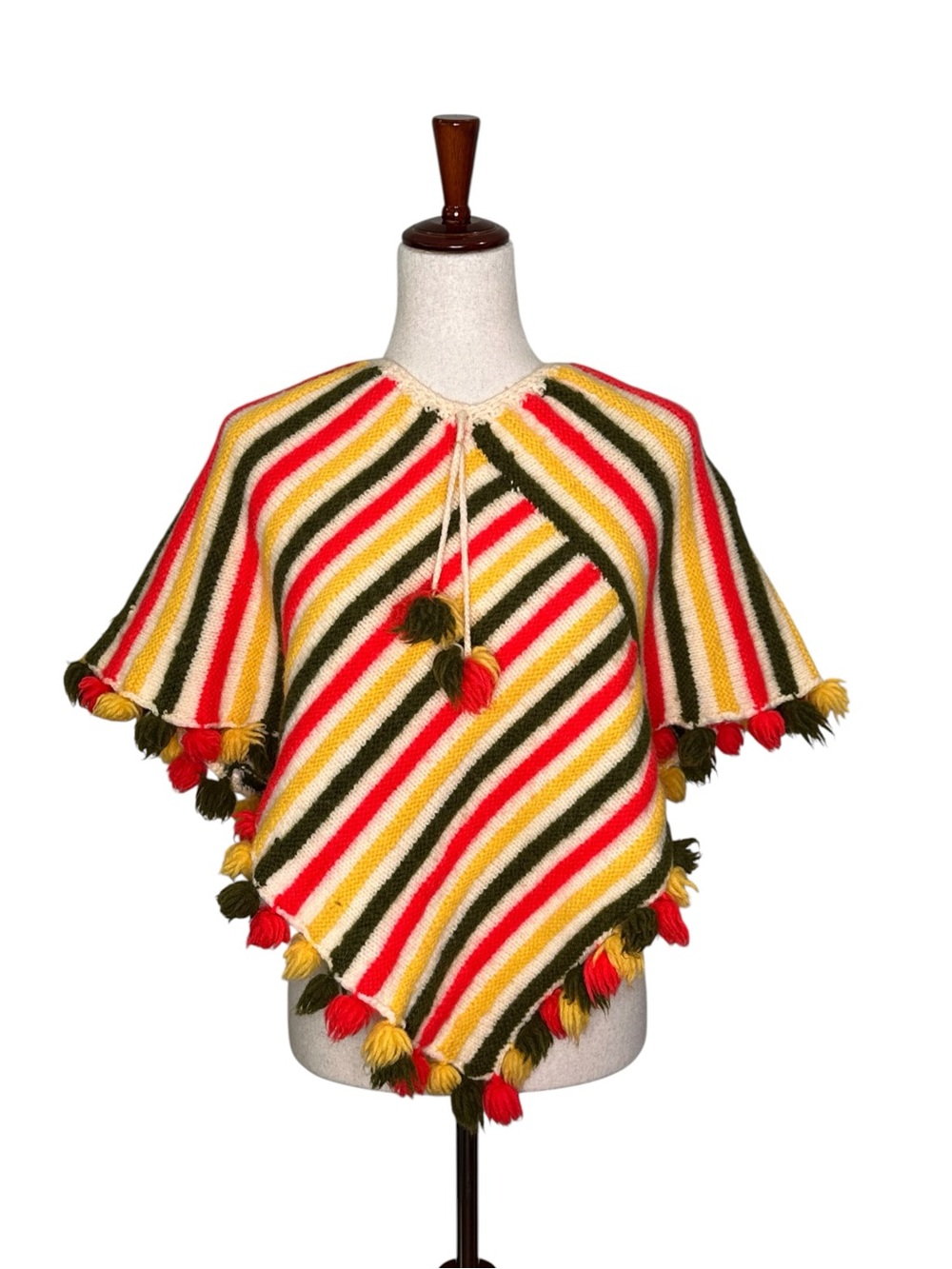 Folk Art Handmade Striped pom pom Tassel Poncho. Artsy. Bohemian.